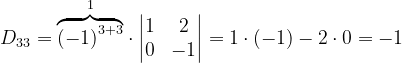 \dpi{120} D_{33}= \overset{1}{\overbrace{\left ( -1 \right )^{3+3}}}\cdot \begin{vmatrix} 1 & 2\\ 0 & -1 \end{vmatrix}=1\cdot \left ( -1 \right )-2\cdot 0=-1